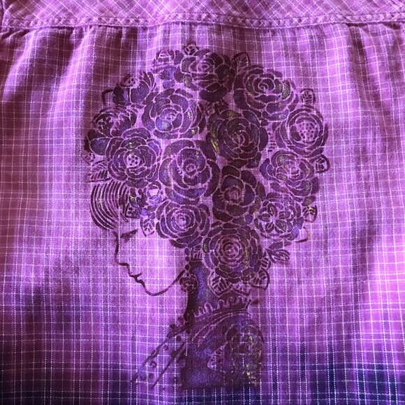 Bleached Flannel Shirt, Size XS: Upcycled Painted Fancy Lady Portrait - Picture 7 of 12